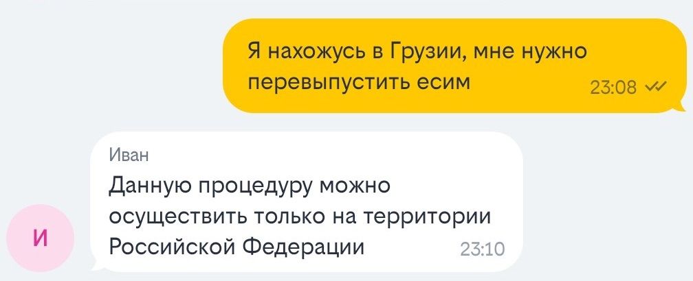 Чат поддержки Билайна: перевыпуск eSIM можно осуществить только на территории Российской Федерации